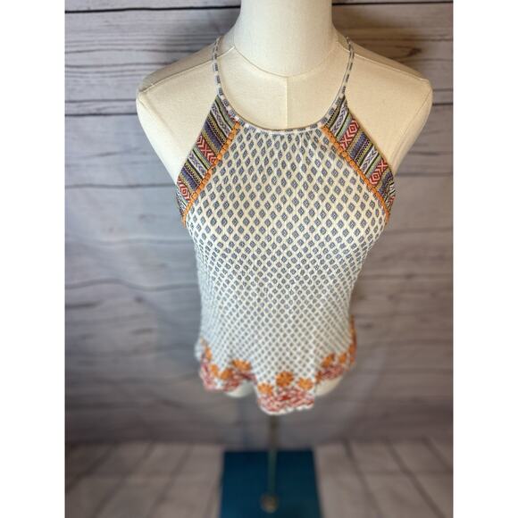 Boho Aztec Floral Embroidered Geometric Scalloped Sleeveless Top THML Size Small - Picture 2 of 7